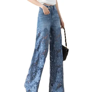 Jeans Y2K donna vita altissima – denim wide-leg con patchwork e pizzo traforato, stile vintage lace patchwork