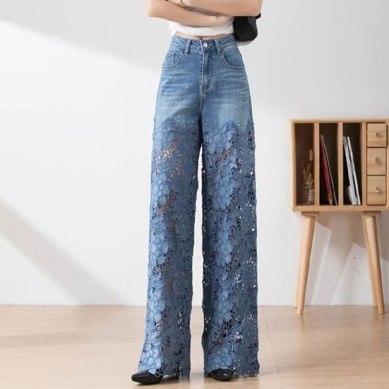 Jeans Y2K donna vita altissima – denim wide-leg con patchwork e pizzo traforato, stile vintage lace patchwork - immagine 9