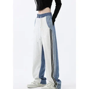 Pantaloni wide leg spliced donna – modello vita alta elasticizzata con tasche a contrasto, pantaloni larghi casual