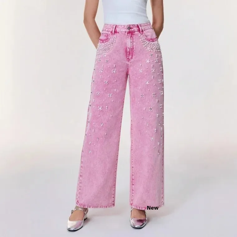 Jeans vita alta donna – denim lavaggio washed, gamba dritta con applicazioni in perle, stile trendy casual - immagine 6