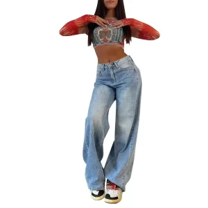 Jeans donna vita alta gamba larga stile retrò americano – pantaloni dritti casual chic