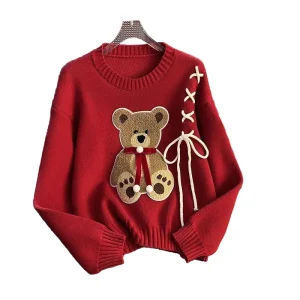 Pullover da donna – Maglione girocollo con orso, taglio loose knit autunno/inverno