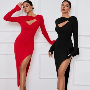 Vestito lungo aderente maniche lunghe con nodo frontale e spacchi laterali – abito elegante da sera slim-fit glamour
