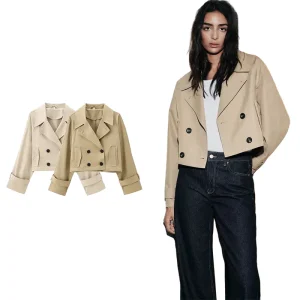 Giacca Trench Corto Donna Colore Unito, Stile Vintage Casual Chic – Giubbotto Elegante