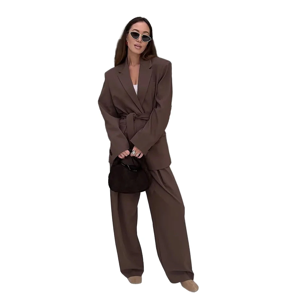 Completo donna ufficio ‒ blazer “shrug” + pantaloni lunghi dritti, stile elegante casual con cintura, perfetto - immagine 2