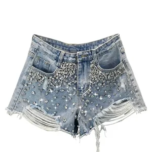 Shorts jeans donna Y2K vita alta con strass e frange – Primavera