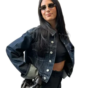 Giacca denim donna vintage – trench single-breasted con rever a collo, tasche & manica lunga blu scuro