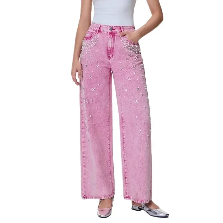 Jeans vita alta donna – denim lavaggio washed, gamba dritta con applicazioni in perle, stile trendy casual