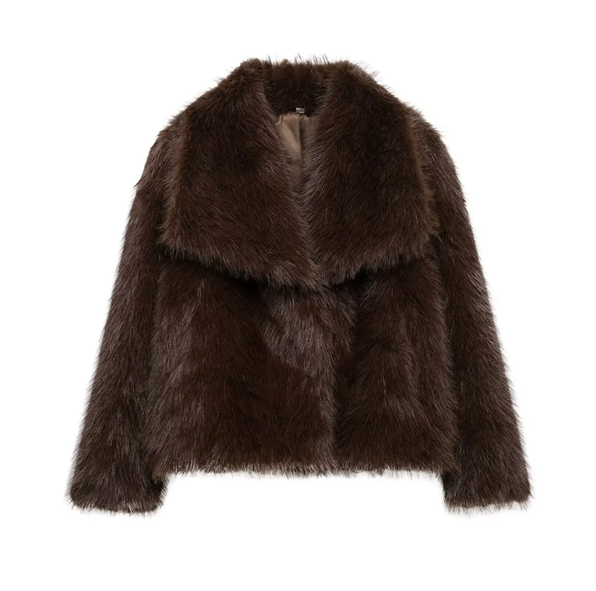 Pelliccia sintetica marrone con scollo a V per donna – Giacca lunga a maniche lunghe, stile casual elegante per l'autunno/inverno - immagine 8