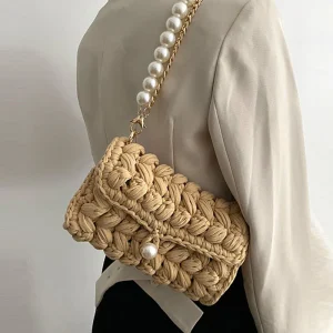 Borsa Donna Crochet a Spalla Uncinetto con Perle e Catena – Design Crossbody