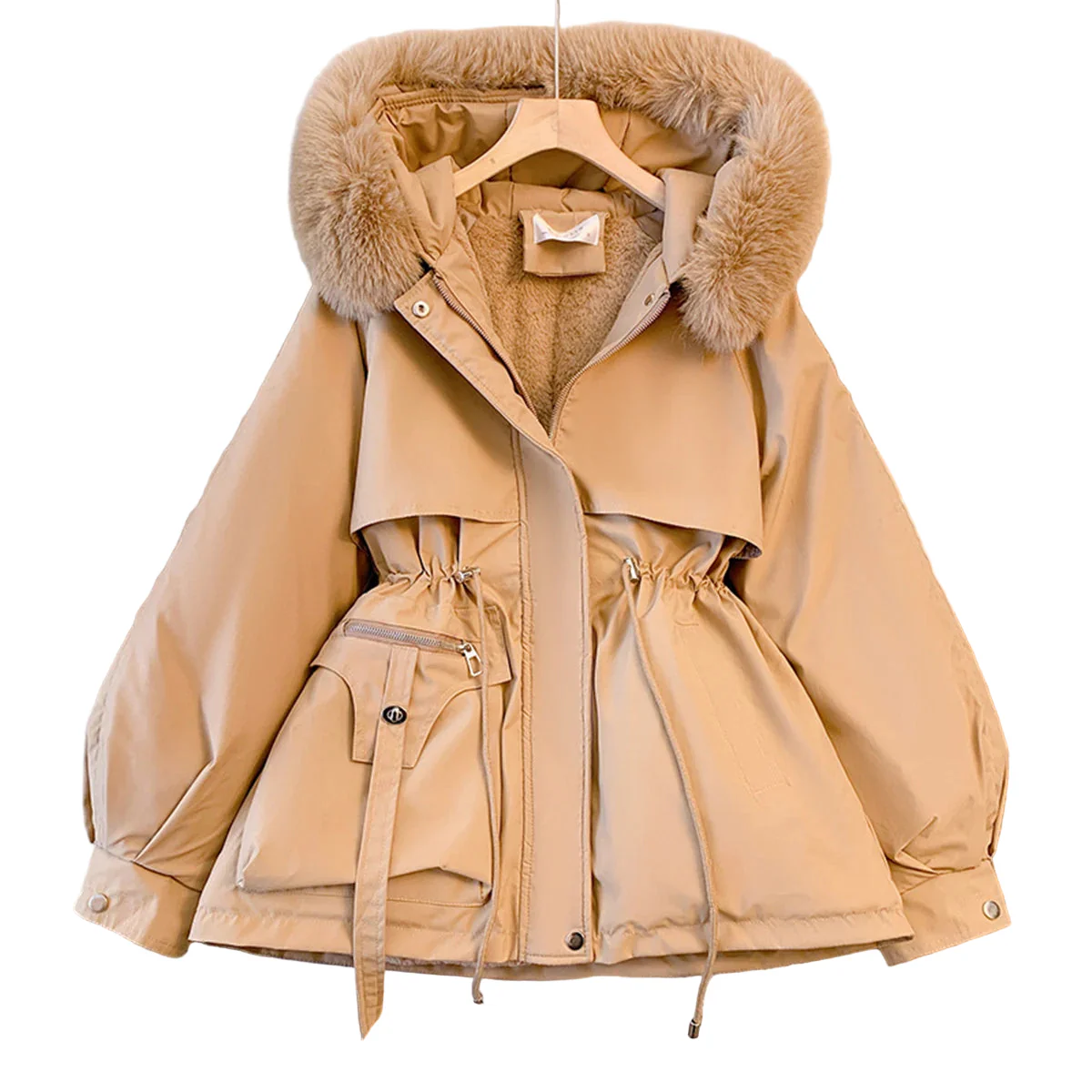 Giacca imbottita donna con cappuccio e coulisse – parka “K-style” autunno/inverno, zip frontale, street casual