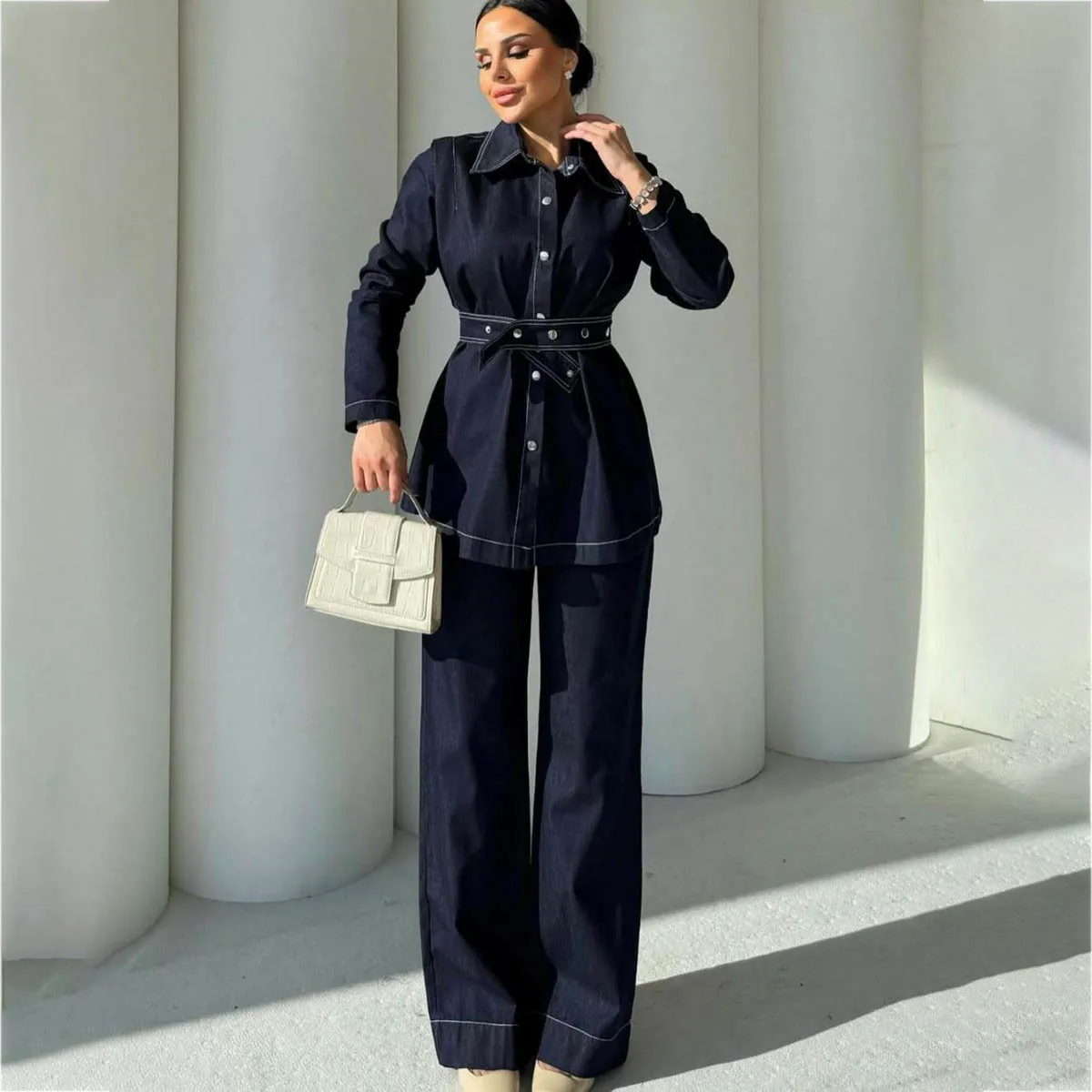 Tuta denim donna – giacca lunga a maniche lunghe + pantaloni a gamba ampia di alta qualità, stile autunnale - immagine 9