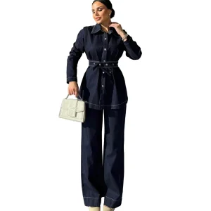 Tuta denim donna – giacca lunga a maniche lunghe + pantaloni a gamba ampia di alta qualità, stile autunnale