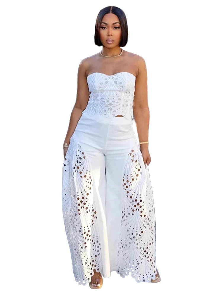 Set top strapless traforato + pantaloni – coordinato donna sexy senza spalline con design hollowed per look chic - immagine 2