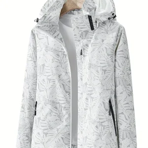 Giacca running donna con stampa foglia, cappuccio staccabile – antivento, waterproof e versatile per hiking