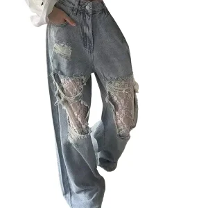 Jeans patchwork denim con inserti in pizzo – pantaloni larghi donna casual stile ribelle
