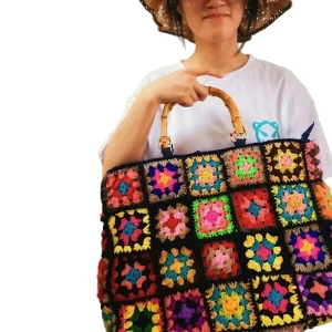 Kit borsa granny square etnica – set fai-da-te per borsa con perle, mano in legno, stile boho / woven, handbag artigianale