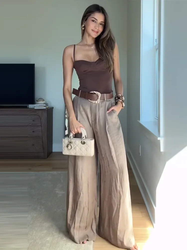 Completo donne 2026 – Pantaloni vita alta largo + body + top in coordinato con cintura inclusa - immagine 5