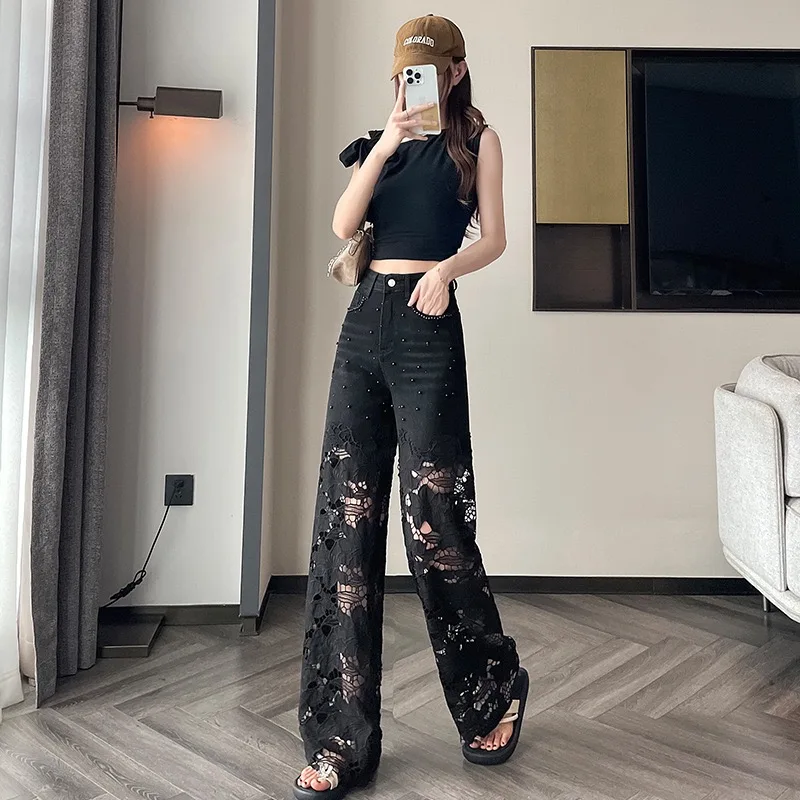 Jeans Y2K donna vita altissima – denim wide-leg con patchwork e pizzo traforato, stile vintage lace patchwork - immagine 5