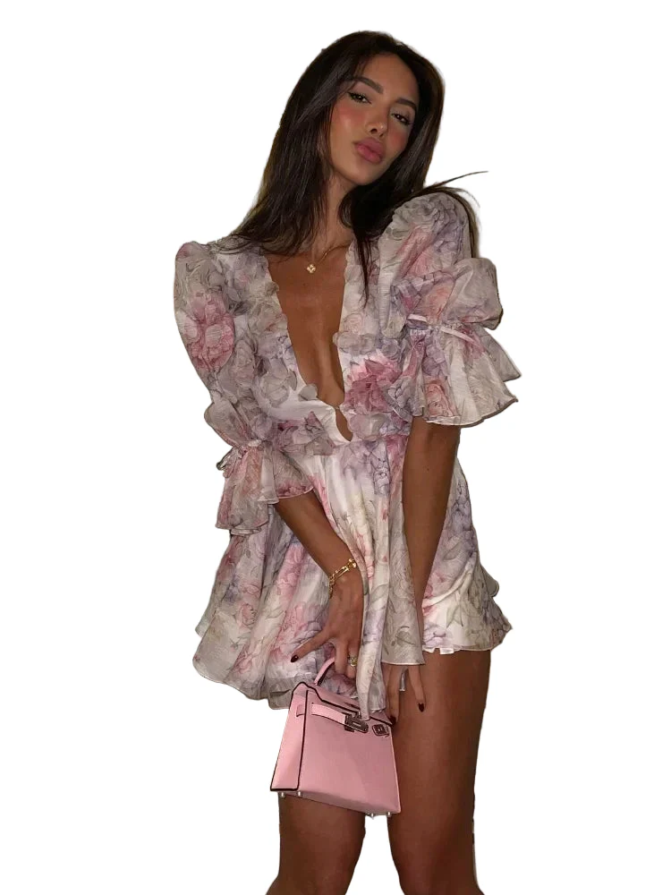 Vestito estivo mini chiffon floreale con scollatura profonda e maniche a palloncino – Abito da sera - immagine 2