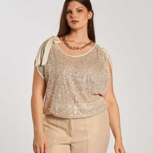Casacca asimmetrica con paillettes e fiocco curvy